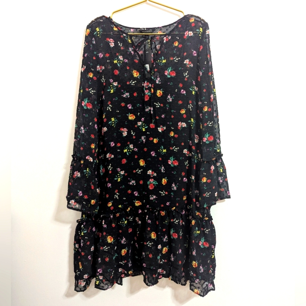 NWT Banana Republic Large Sheer Black Floral Long Sleeve Dress w/ Slip Dress